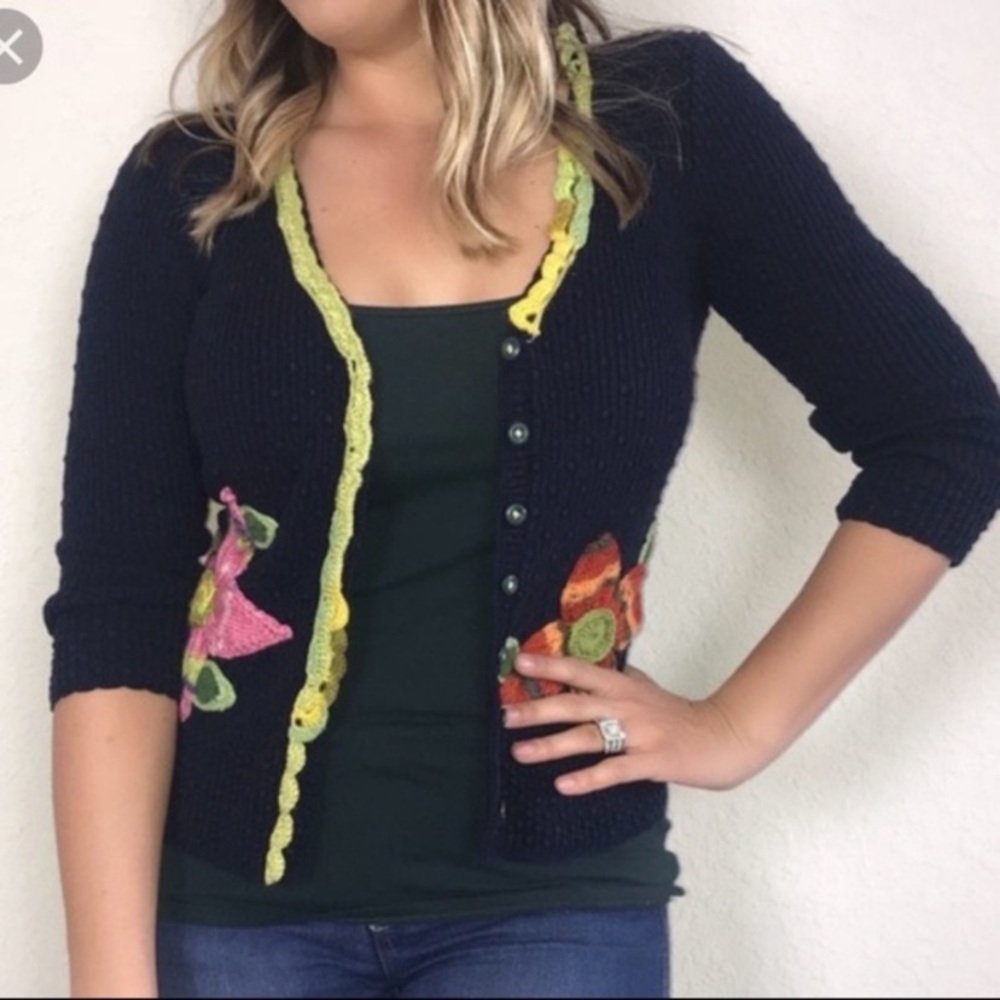 Retro Anthropologie Sparrow earthly delights floral embroidered knit cardi XS
